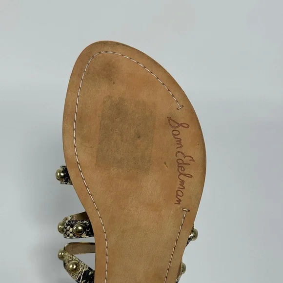 Sam Edelman Gold Studded Sandals Snake-Print Women’s SZ 9 Leather Strappy Flats - Picture 4 of 8